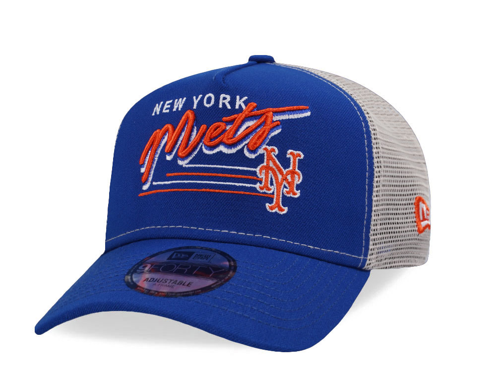 New Era New York Mets Vintage Script Blue Trucker Edition 9Forty A Frame Snapback Casquette