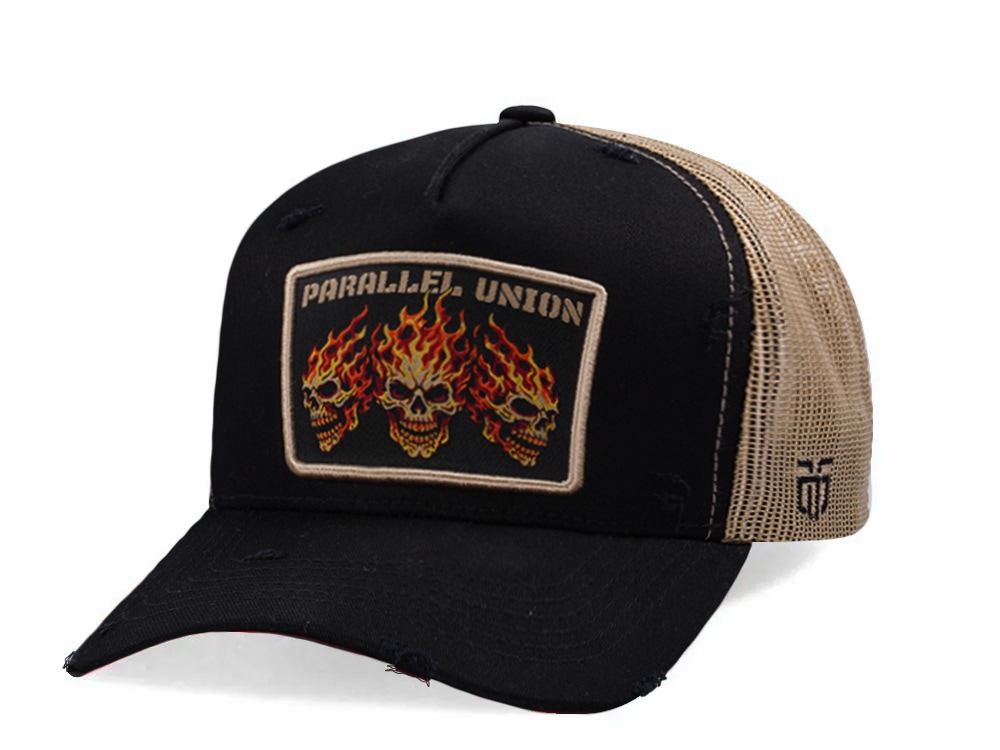 Parallel Union Fire Skull Patch Black Distressed Edition Trucker Snapback Casquette