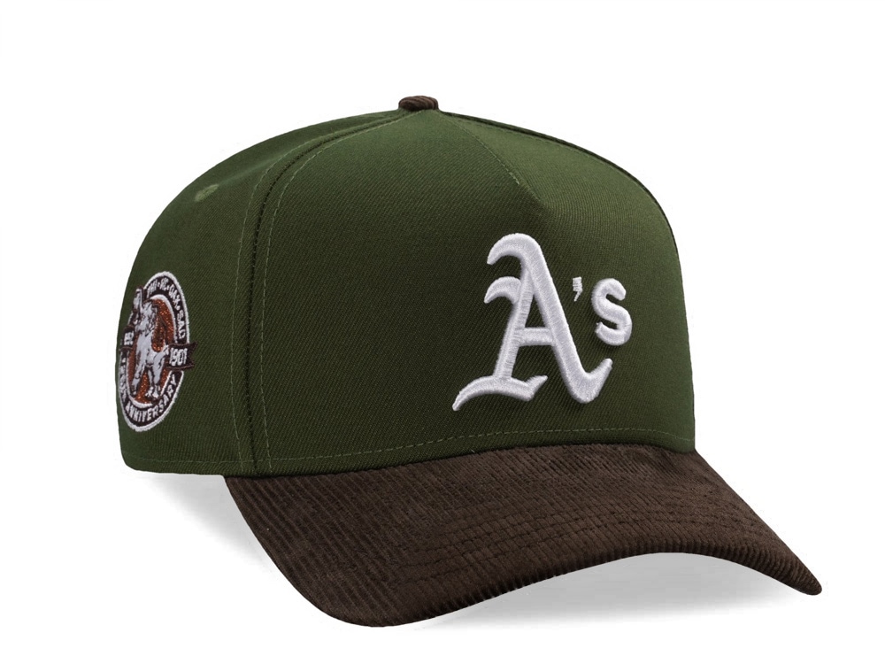 New Era Oakland Athletics 125th Anniversary Rifle Green Walnut Corduroy Two Tone Edition 9Forty A Frame Snapback Casquette